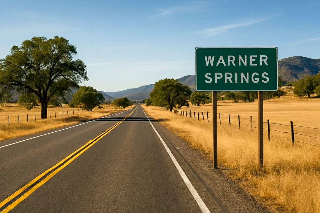 A Warner Springs Plumber represents service areas with a roadside community sign.