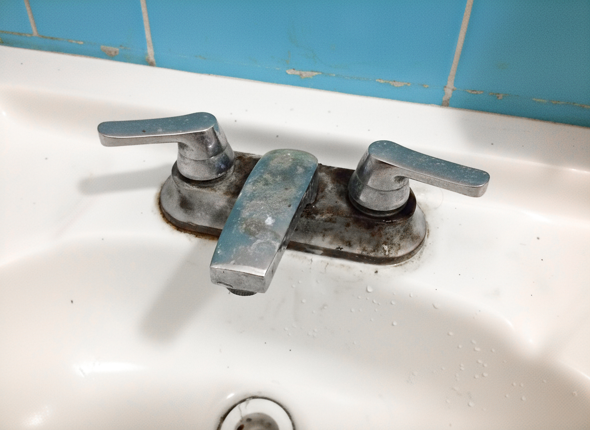 A Pauma Valley plumber inspects a lavatory faucet affected by corrosion.