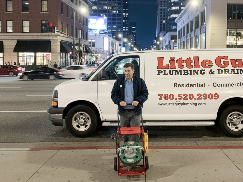 An emergency plumber in Escondido rolls a drain machine to an after hours job.