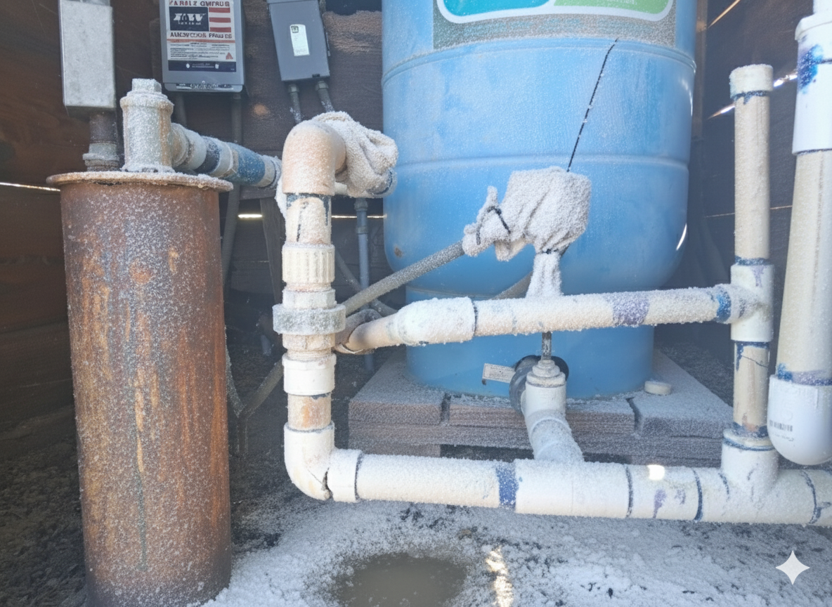 A nighttime frost caused a large crack in a PVC pipe connected to the well pump.
