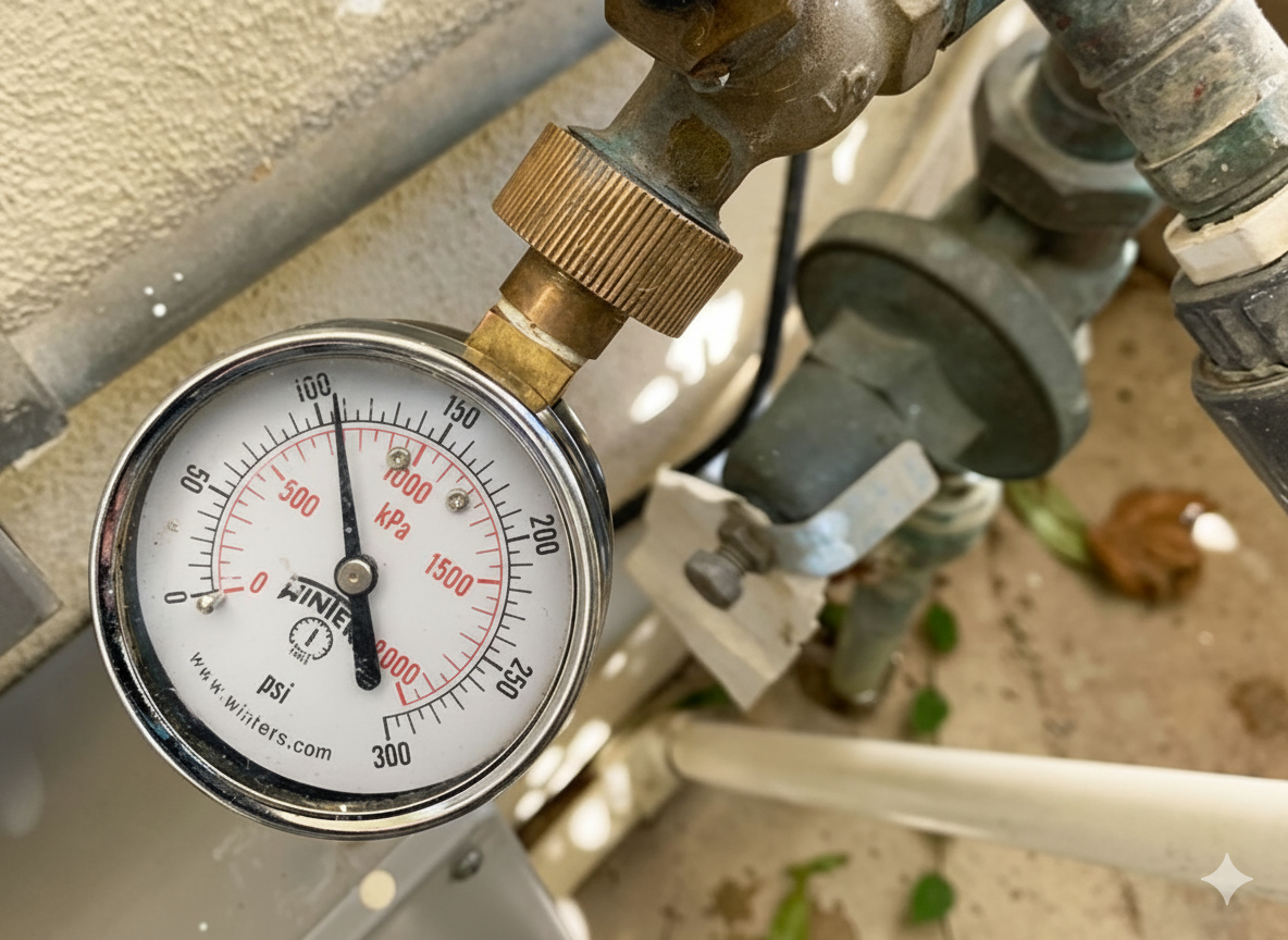 water-pressure-in-escondido A pressure gauge measures the water pressure of a single family home in Escondido.