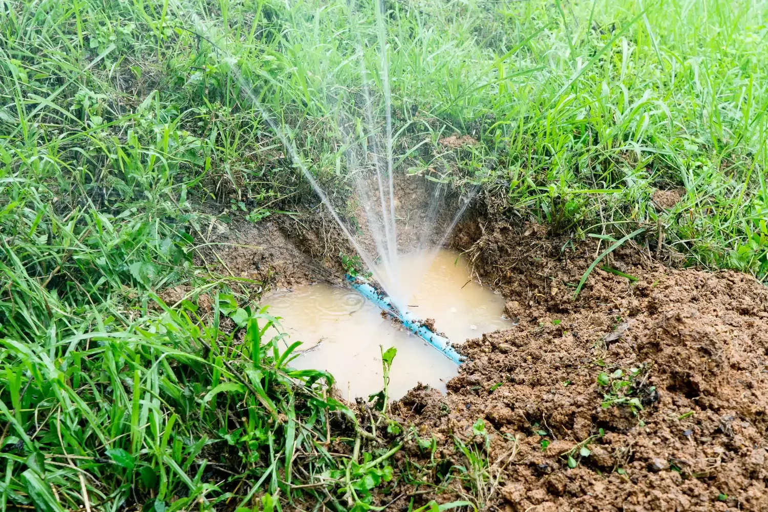 A main service line pipe burst caused by unusually high water pressure.