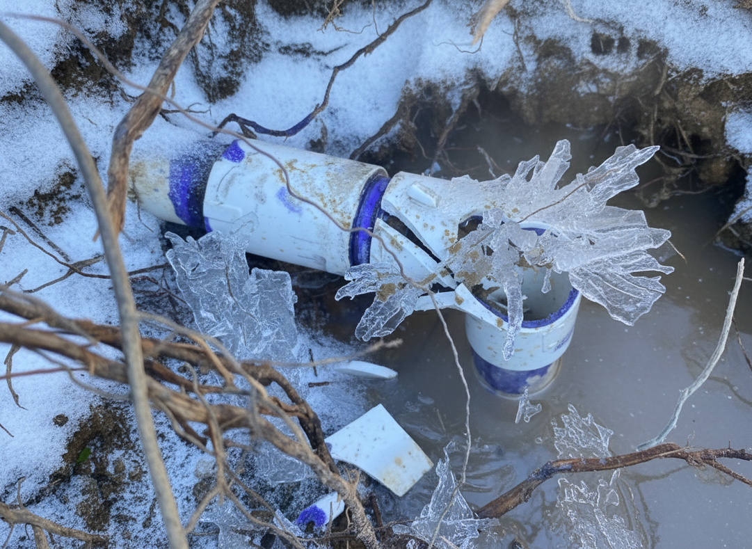 A PVC water line burst as a result of freezing temperatures in Santa Ysabel. CA.