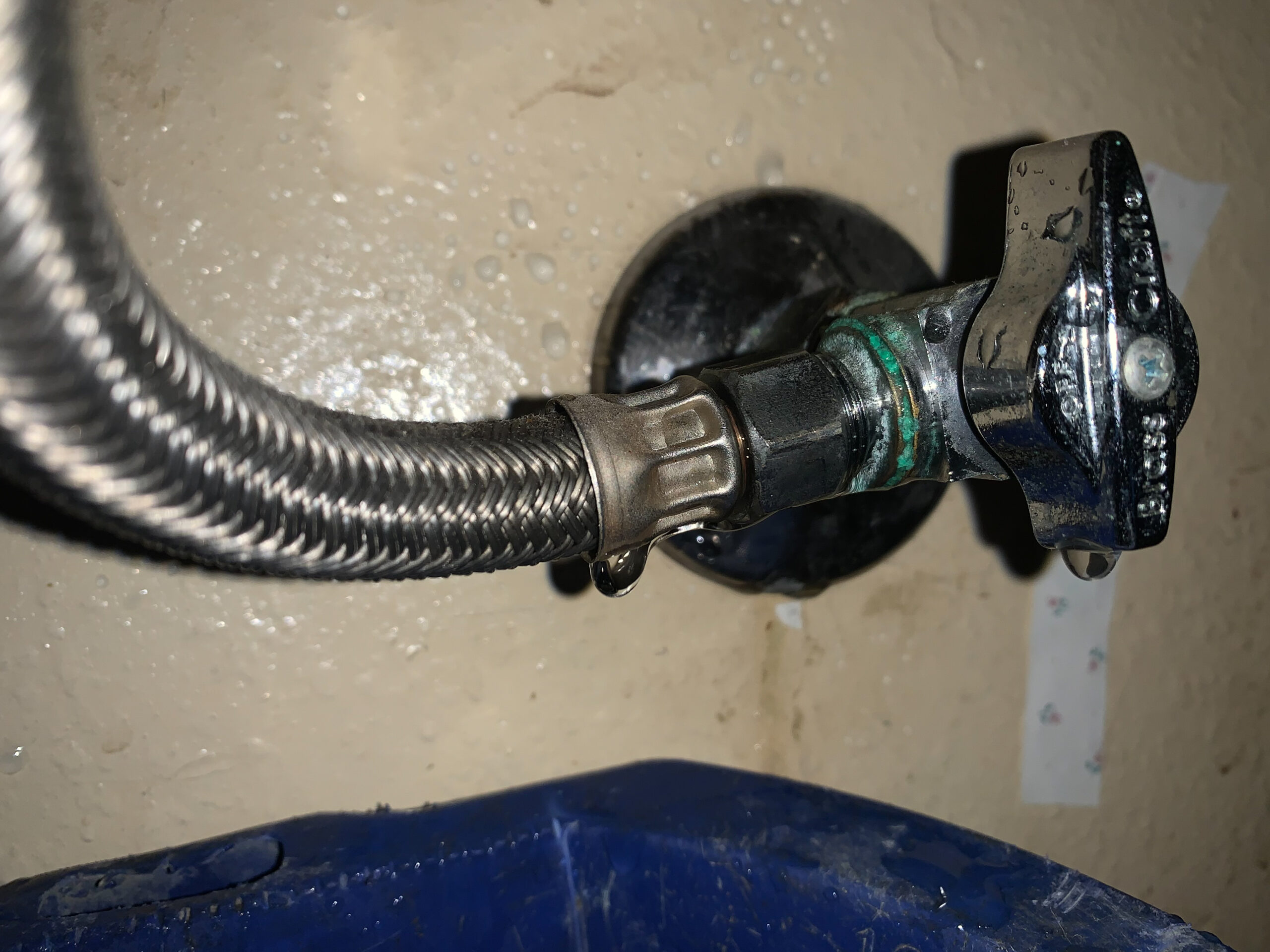 A leaking angle stop caused by high water pressure that could have been prevented with a smart water monitor.