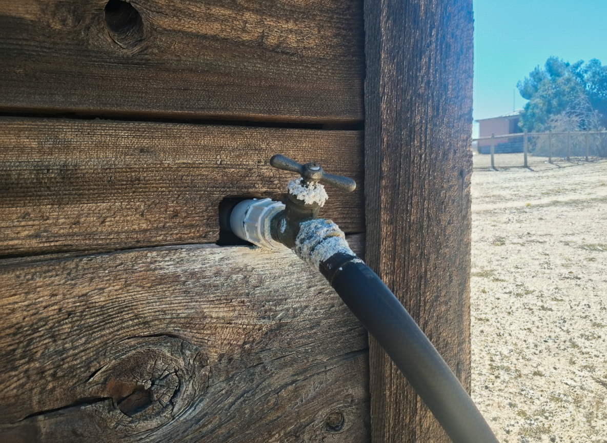 A hose bib at a home in Borrego Springs, CA is covered in scale due to high-mineral well water.