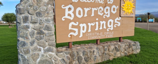 The Borrego Springs welcome sign located at Christmas Circle Park.