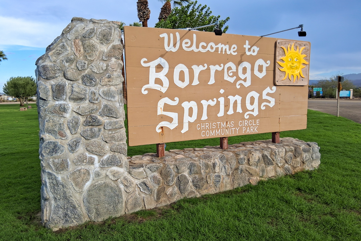 The Borrego Springs welcome sign located at Christmas Circle Park.