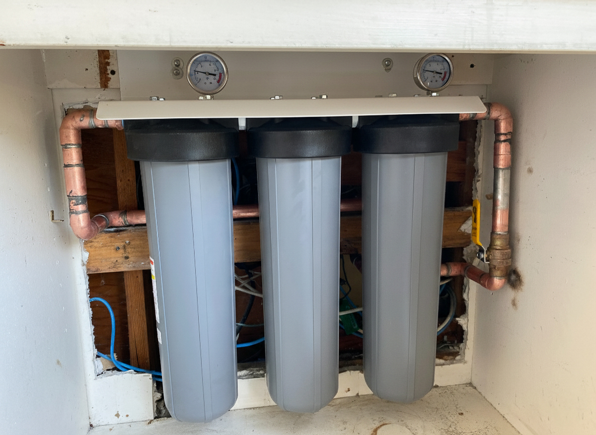 A 3-stage water filter used to purify well water at a home in Borrego Springs, CA