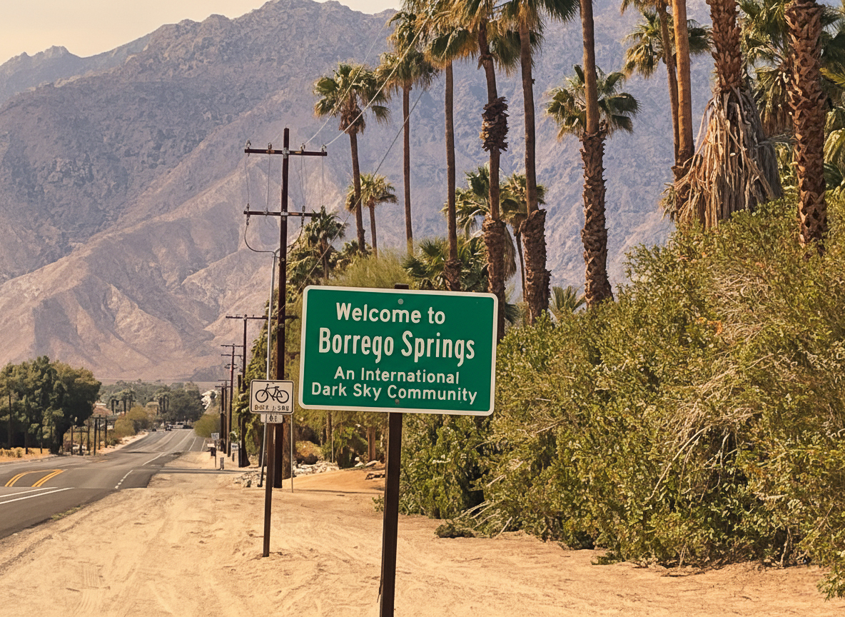 A green Borrego Springs, CA welcome sign located on the side of the highway near town.