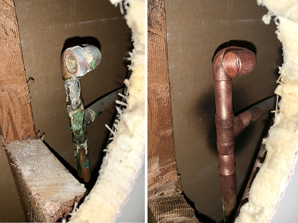 little-guy-plumbing-leak-repair-before-and-after A before and after image depicting leak repair on a corroded copper pipe.