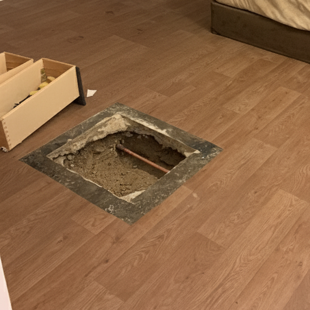 A completed slab leak repair in the kitchen of an Escondido, CA home.