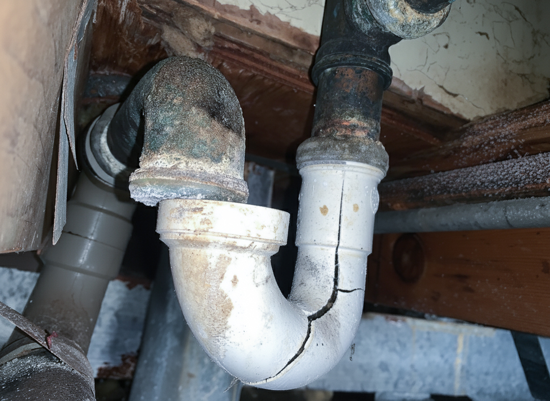 A plastic plumbing trap split during a nighttime freeze in Santa Ysabel, CA.