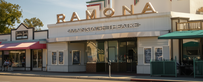 A clear shot of the Mainstage Theater on Main Street in Ramona, CA signifies plumbing services in this area.