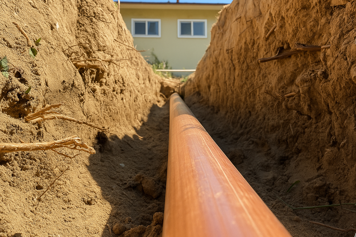 A copper main water service line replacement is underway at a home in Escondido, CA.