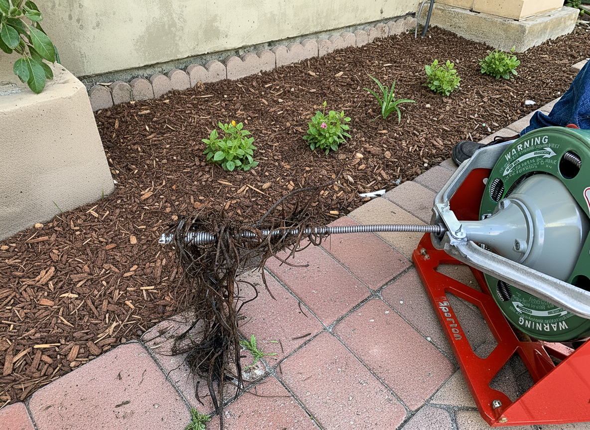 drain-cleaning-hydrojetting-services A plumber in Escondido removes roots from a main sewer line during drain cleaning service to clear backed up drains.