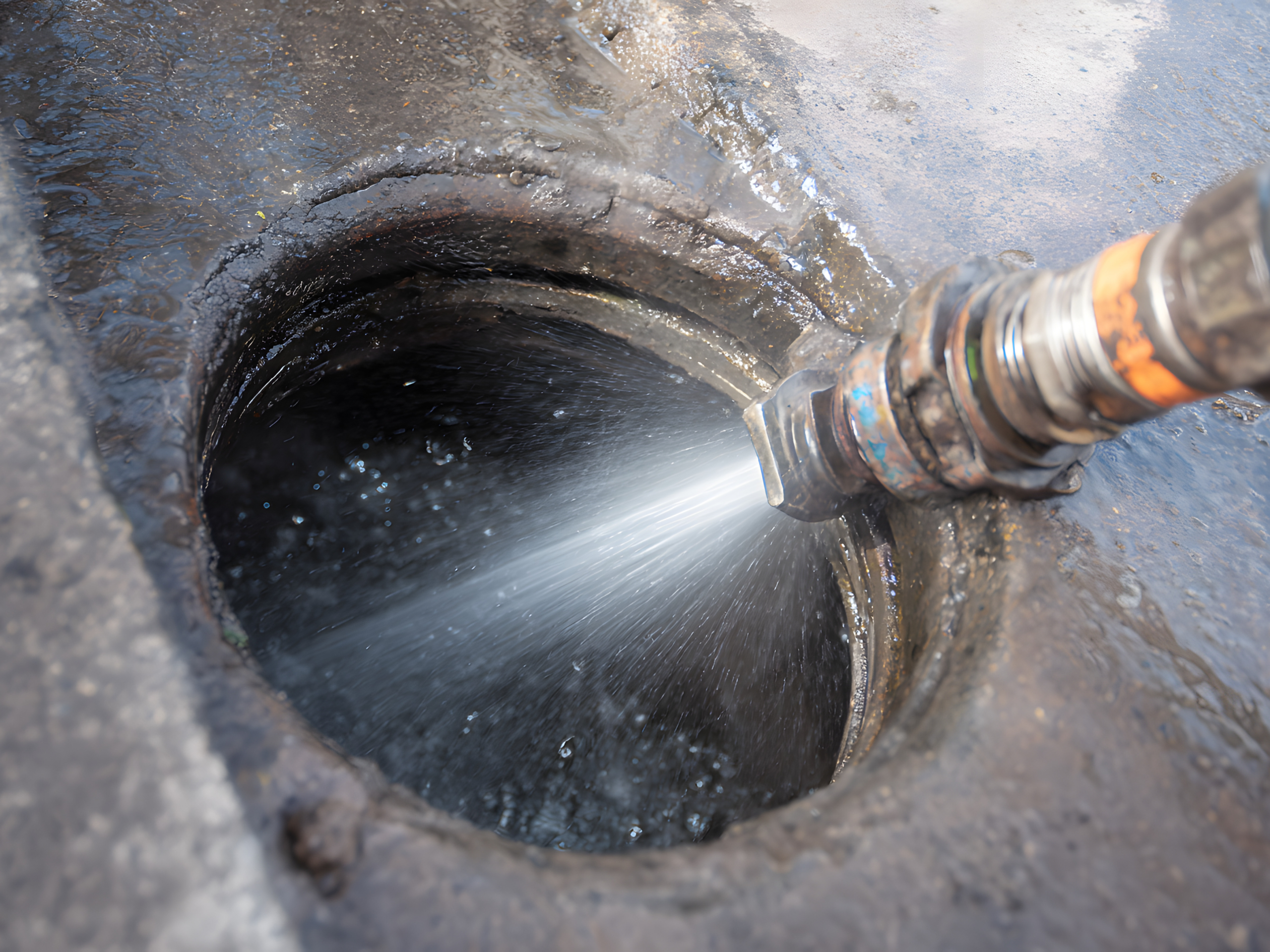 A plumber uses a hydro jetter to clean out a drain line with high-pressured water.