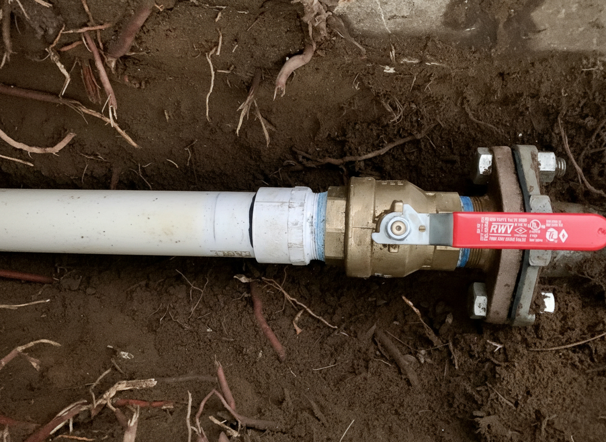 pvc-main-water-service-line-replacement A PVC main water service line replacement is completed with a new brass main shutoff valve.