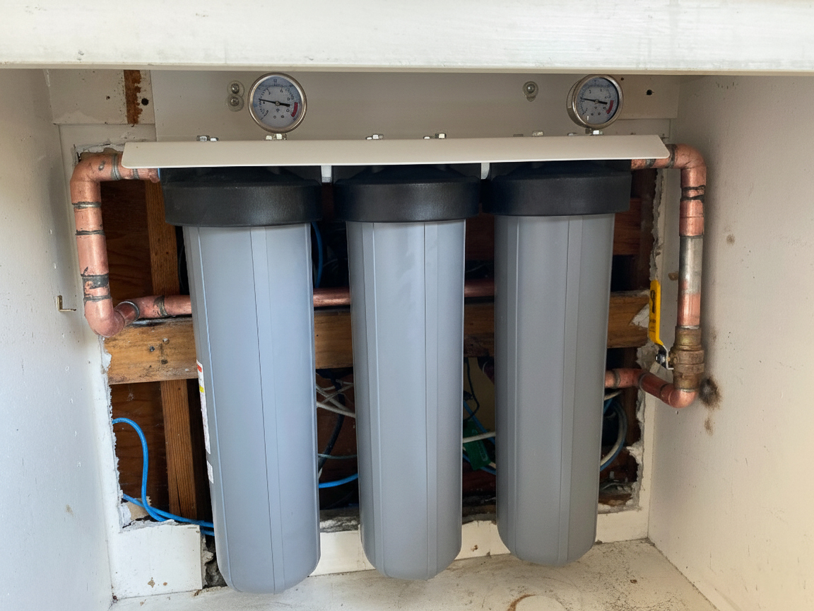 home-water-filter-installation-escondido An inline, 3-stage water filter designed for whole-home use is installed in the garage of an Escondido home.