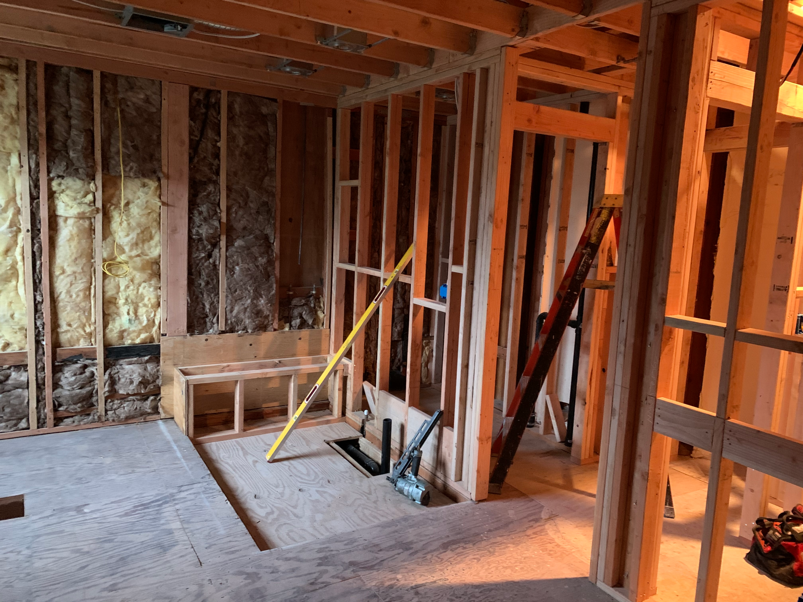 A primary bathroom in an Escondido home is undergoing a full remodel, which involves demolition, framing and other construction services.
