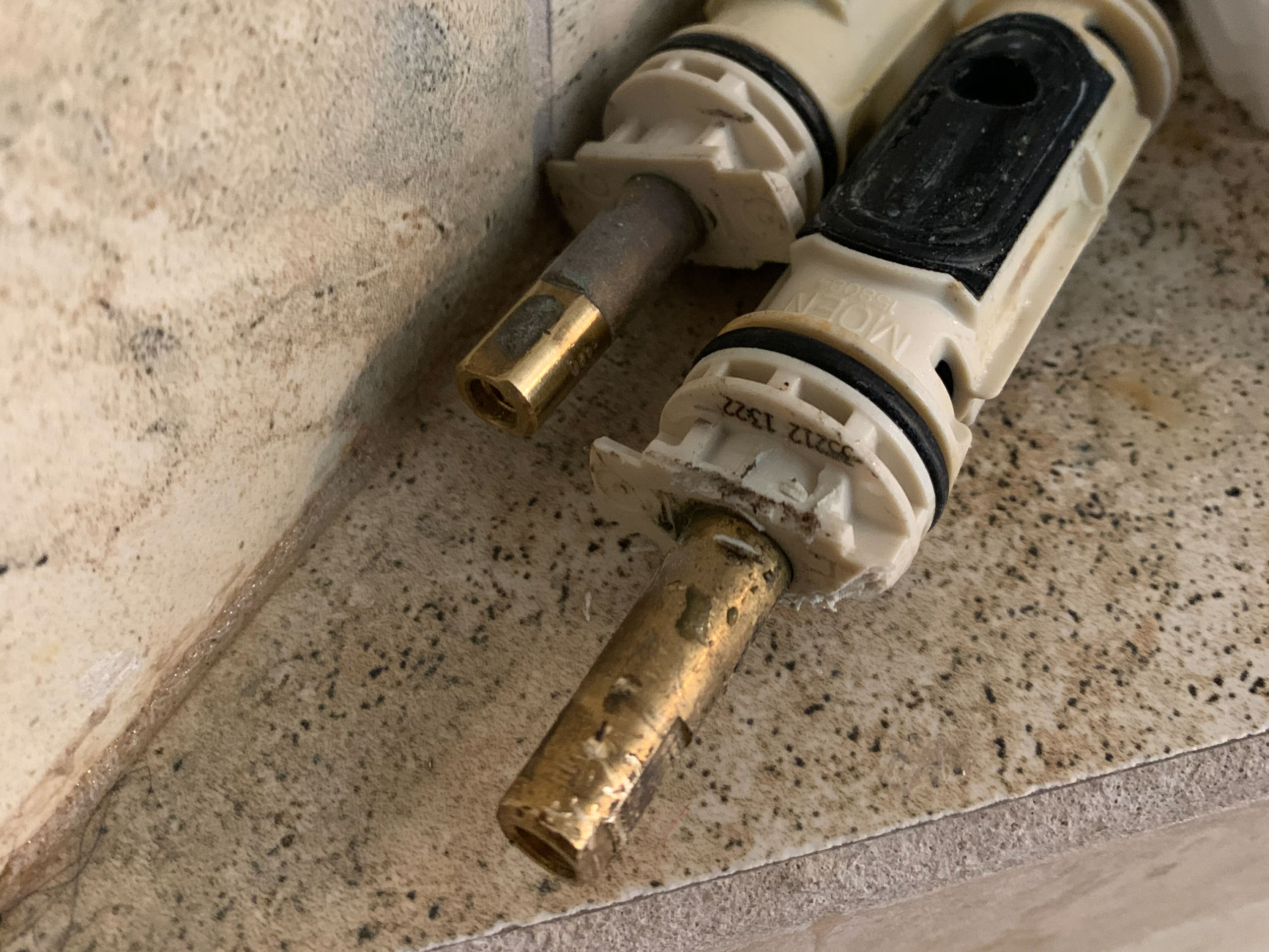 tub-shower-cartridge-replacement A pair of Moen Positemp tub & shower cartridges demonstrate wear and mineral buildup common in Escondido and surrounding areas.